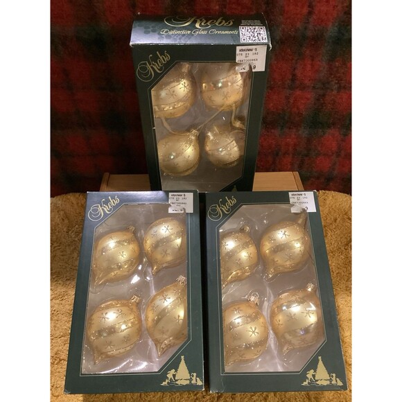 Krebs Christmas Glass Bulb Ornaments Gold Velvet Glitter Swirls & Stars 3 Boxes - Picture 4 of 10